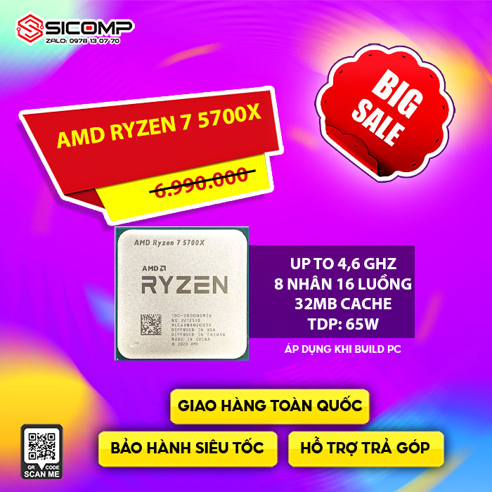 CPU AMD RYZEN 7 5700X TRAY (3.4GHZ BOOTS 4.6GHz / 8 NHÂN 16 LUỒNG / AM4 / KHÔNG FAN)