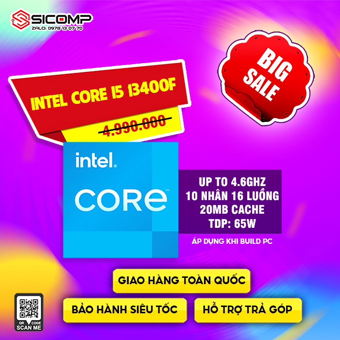 CPU INTEL CORE I5-13400F TRAY (UP TO 4.6GHZ, 10 NHÂN 16 LUỒNG, 20MB CACHE, 65W) - SOCKET INTEL LGA 1700/RAPTOR LAKE)  FULL VAT