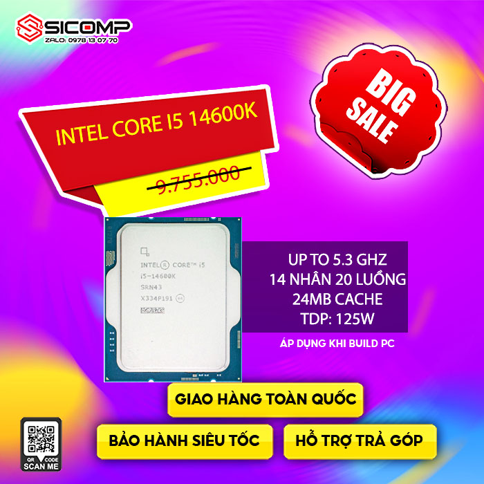 CPU INTEL CORE I5-14600K TRAY (UP TO 5.3GHZ, 14 NHÂN 20 LUỒNG, 24MB CACHE, 125W)
