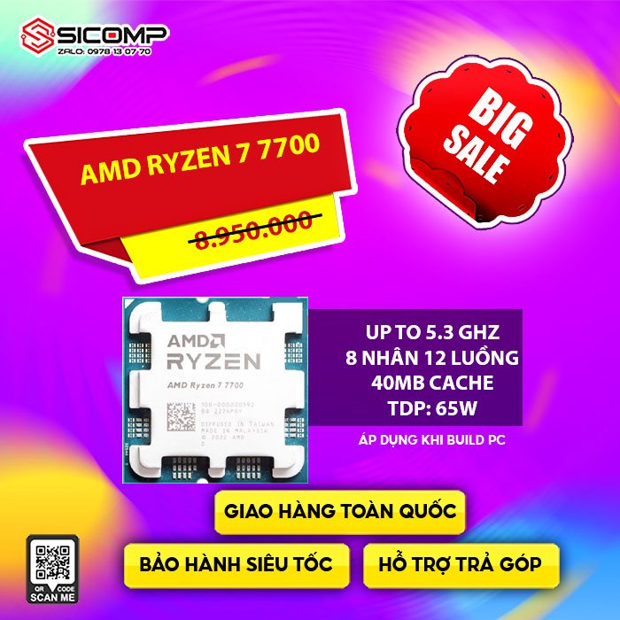 CPU AMD RYZEN 7 7700 TRAY (3.8 GHZ UPTO 5.3GHZ / 40MB / 8 CORES, 16 THREADS / 65W / SOCKET AM5) - FULL VAT