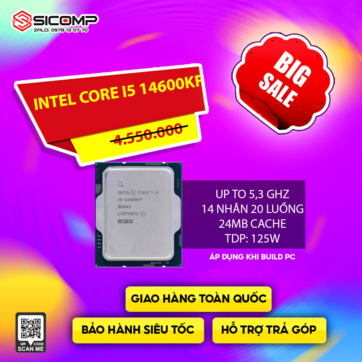 CPU INTEL CORE I5-14600KF TRAY (UP TO 5.3GHZ, 14 NHÂN 20 LUỒNG, 24MB CACHE, 125W)