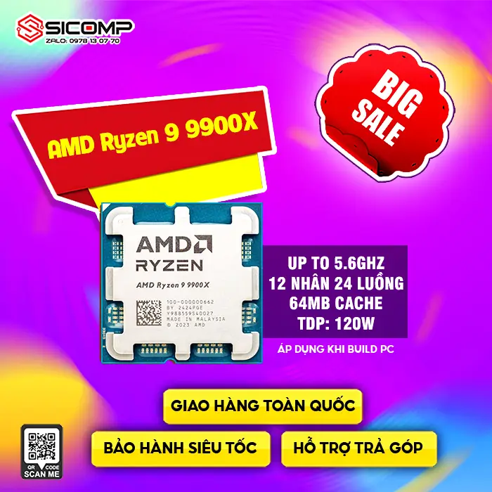 CPU AMD RYZEN 9 9900X TRAY (12 CORES, 24 THREADS, UPTO 5.6GHZ )