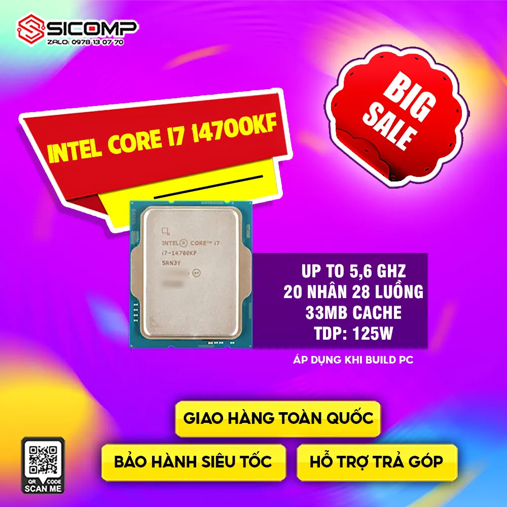 CPU INTEL CORE I7-14700KF TRAY (UP TO 5.6GHZ, 20 NHÂN 28 LUỒNG, 33MB CACHE, 125W)