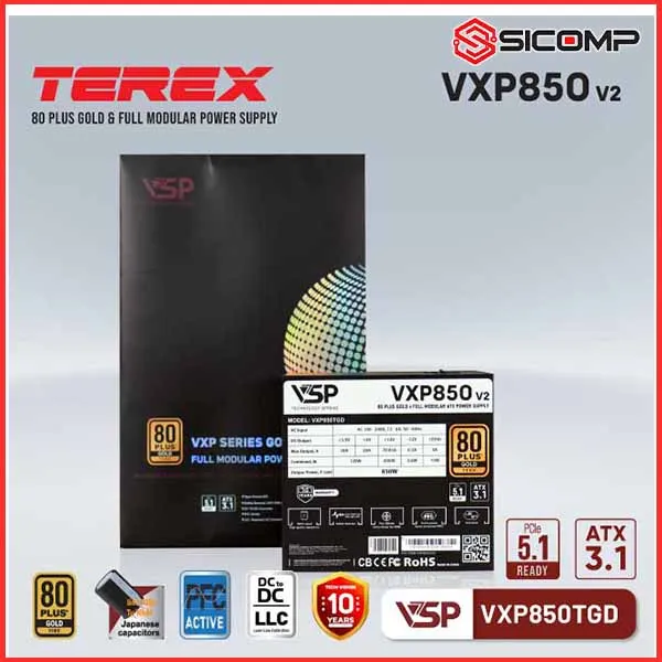 NGUỒN VSP TEREX VXP850TGD-V2 GOLD -  850W (MÀU ĐEN/80 PLUS GOLD / FULL MODULAR)