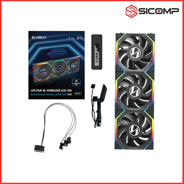 Fan Case LIAN LI UNI FAN TL WIRELESS LCD 120 - BLACK (BỘ 3 CÁI KÈM HUB USB) - NGƯỢC/ XUÔI