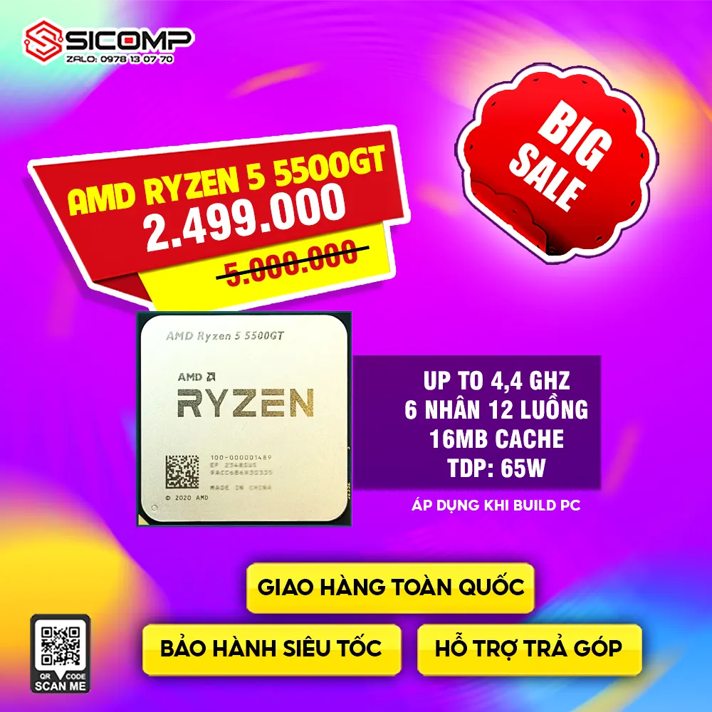 CPU AMD RYZEN 5 5500GT MPK (3.6 GHz UPTO 4.4GHz, 6 CORES 12 THREADS, 65W, AM4)
