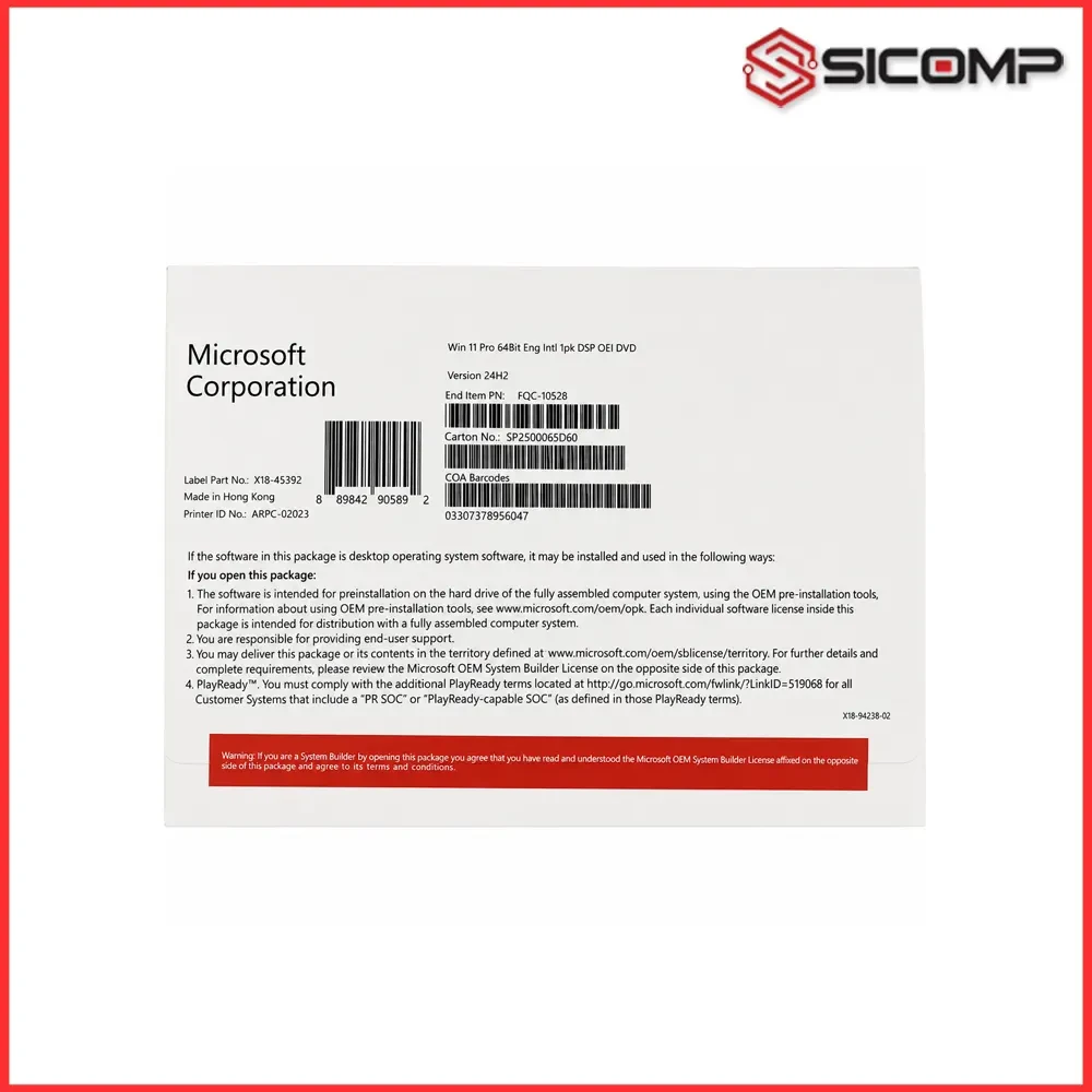 PHẦN MỀM MICROSOFT WINDOWS 11 PRO 11 64BIT ENG INTL 1PK DSP OEI DVD (FQC-10528)