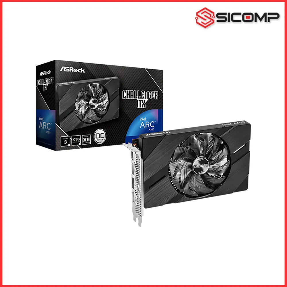 Tổng quan thiết kế nhỏ gọn 1 quạt của card màn hình ASRock Intel Arc A380 Challenger ITX