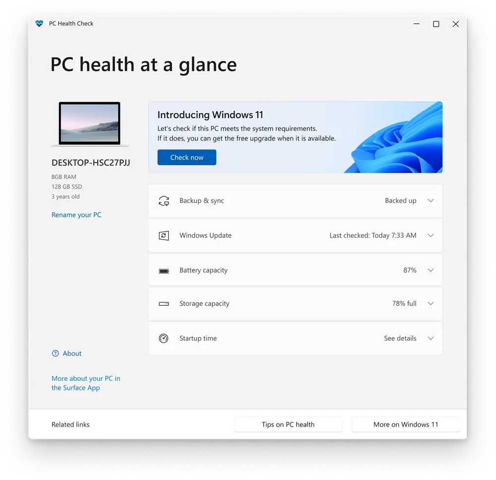 Giao diện kiểm tra khả năng tương thích Windows 11 bằng ứng dụng PC Health Check