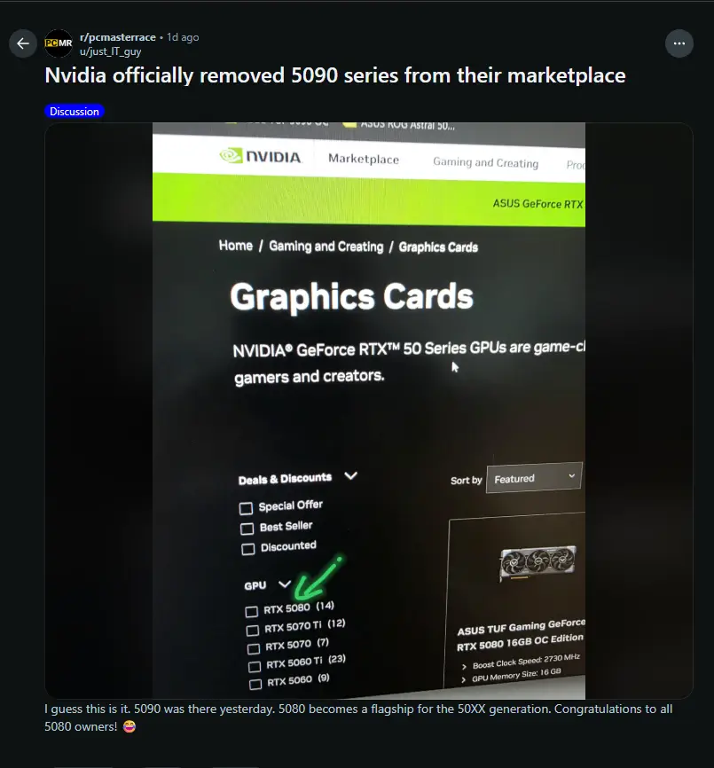Giao diện NVIDIA Marketplace không còn hiển thị lựa chọn card đồ họa RTX 5090