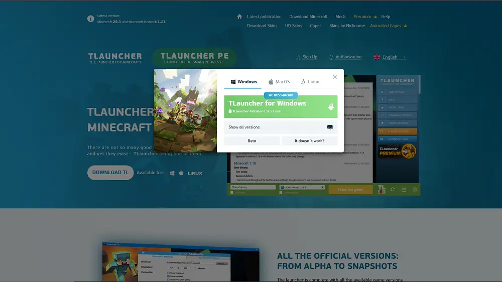 Hướng dẫn tải TLauncher từ trang chủ