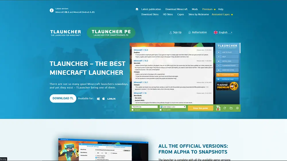 Giao diện khởi chạy TLauncher Minecraft
