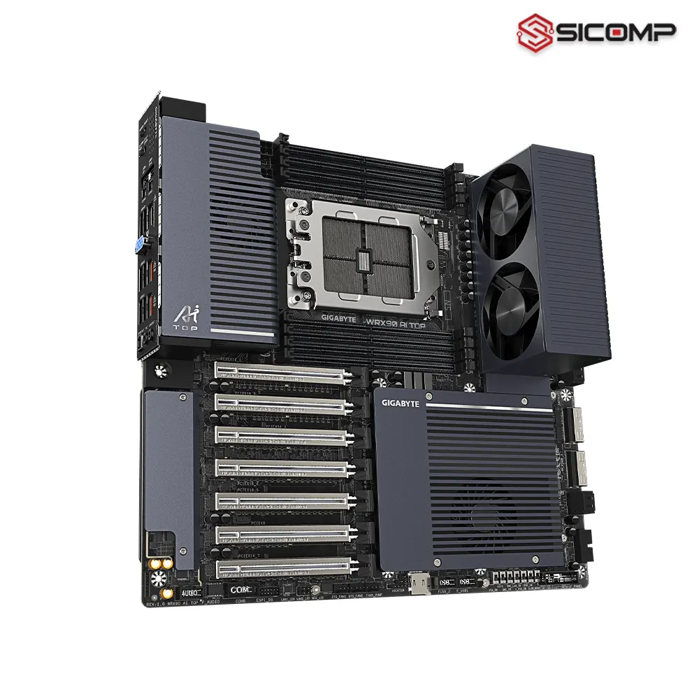 Hệ thống tản nhiệt bộ nhớ DDR Wind Blade XTREME Duo và khối tản VRM trên GIGABYTE WRX90 AI TOP