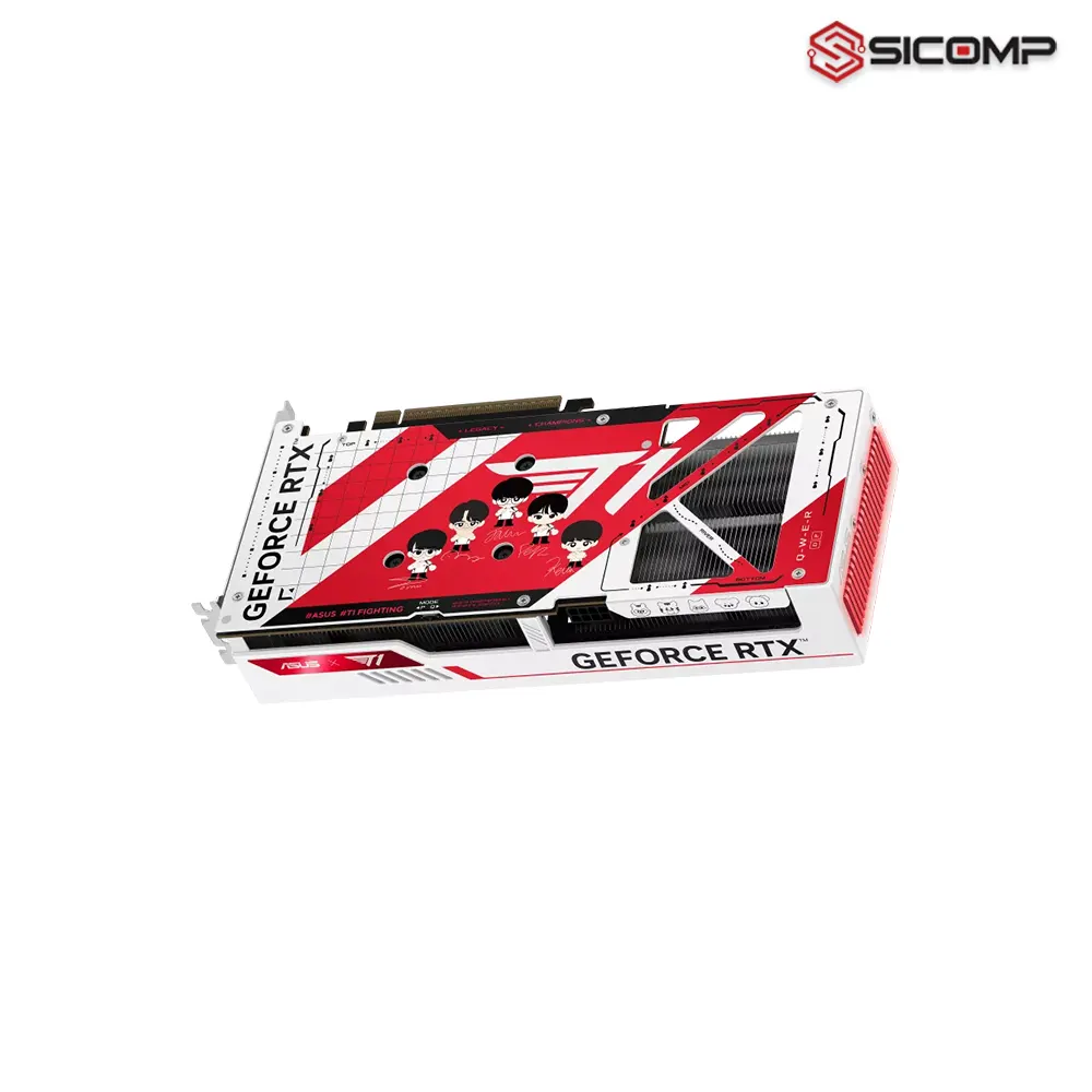 Chi tiết mặt nạ và tấm backplate dập logo T1 Esports trên card màn hình ASUS T1 RTX 5060 Ti