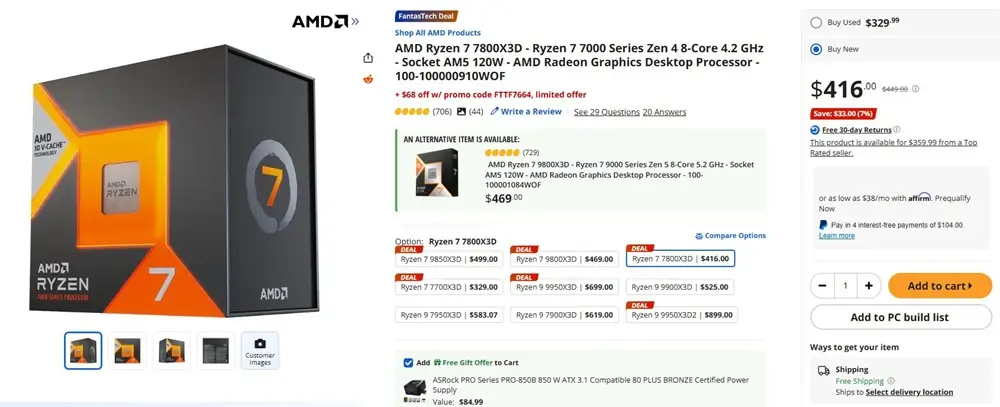 Hộp vi xử lý AMD Ryzen 7 7800X3D và chương trình tặng kèm nguồn máy tính ASRock 850W
