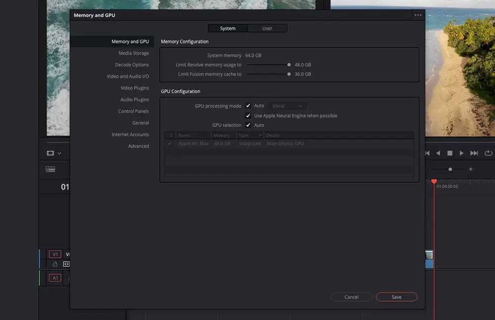 Giao diện thiết lập Preferences Memory and GPU trong DaVinci Resolve