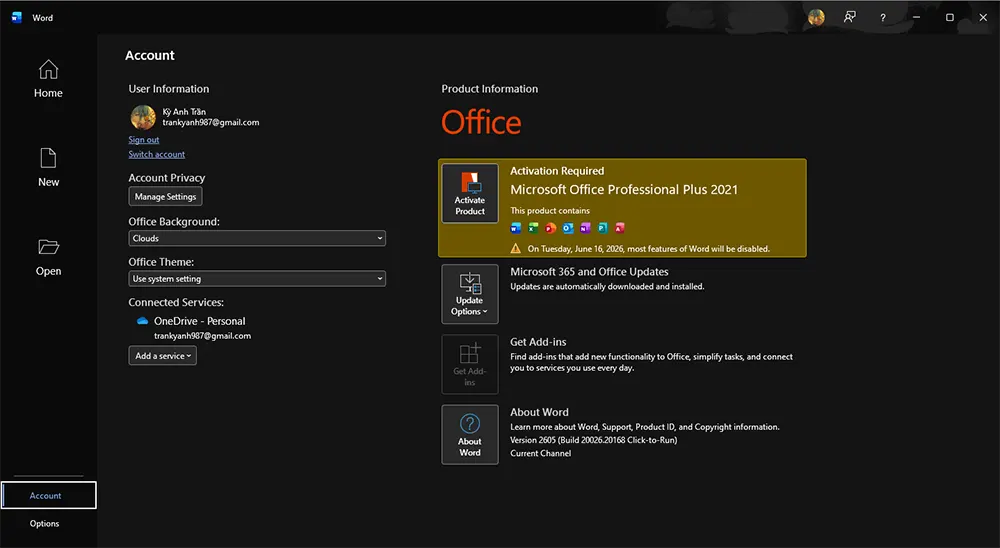 Kiểm tra mục Product Information inside tài khoản Microsoft Office