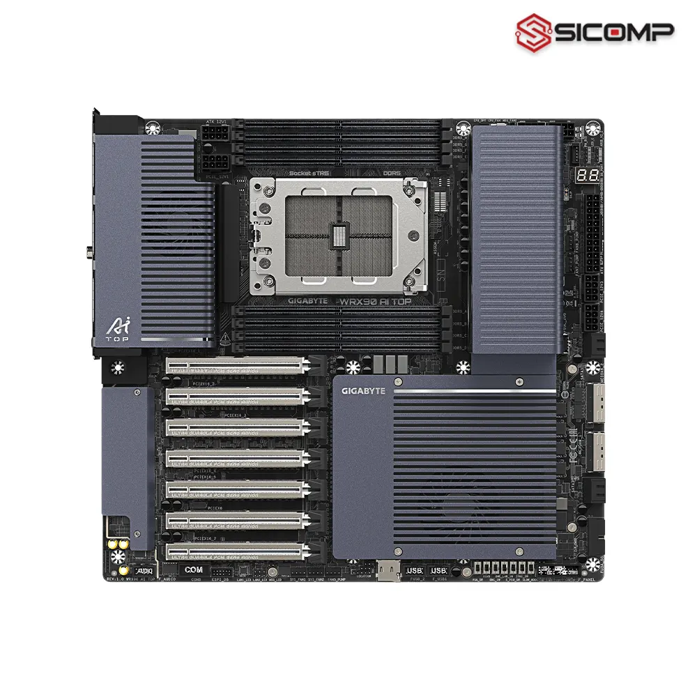 Chi tiết 7 khe cắm PCIe 5.0 x16 và 2 cổng kết nối MCIO 8i trên bo mạch chủ GIGABYTE WRX90 AI TOP