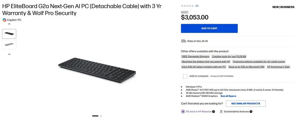 Thiết kế bàn phím tích hợp phần cứng máy tính PC HP EliteBoard G2a siêu nhỏ gọn