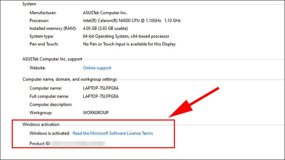 Xác thực nhanh trạng thái Windows is activated trong mục System Properties