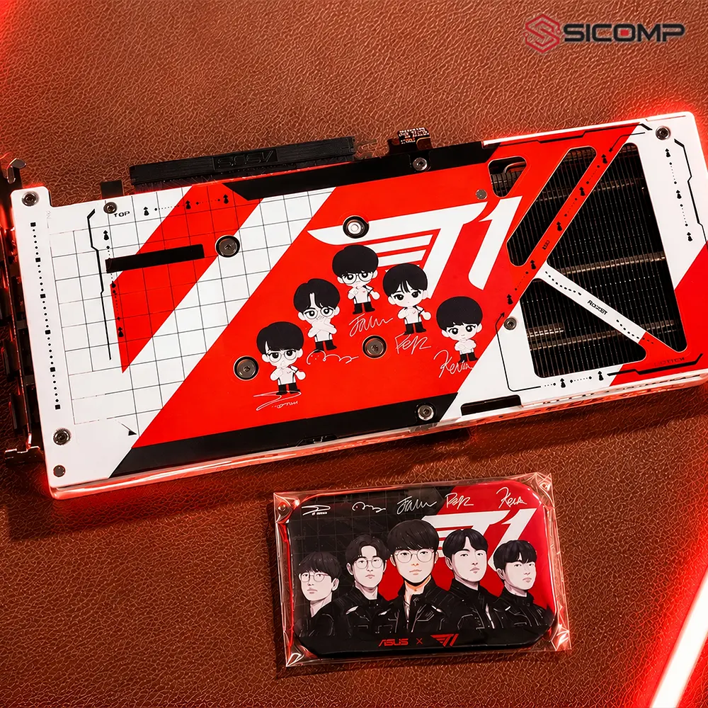 Chi tiết mặt nạ và tấm backplate dập logo T1 Esports trên card màn hình ASUS T1 RTX 5060 Ti