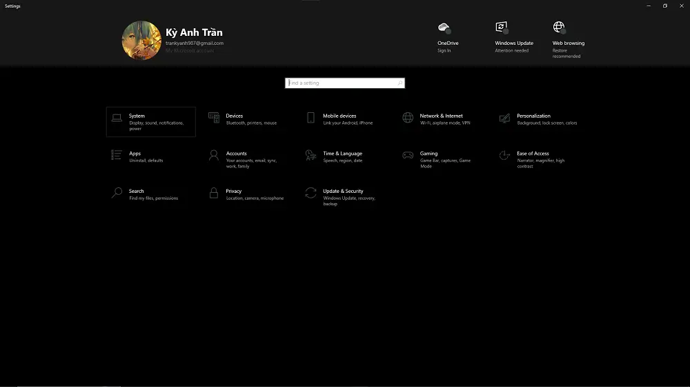 Mở cửa sổ cài đặt Settings trên Windows